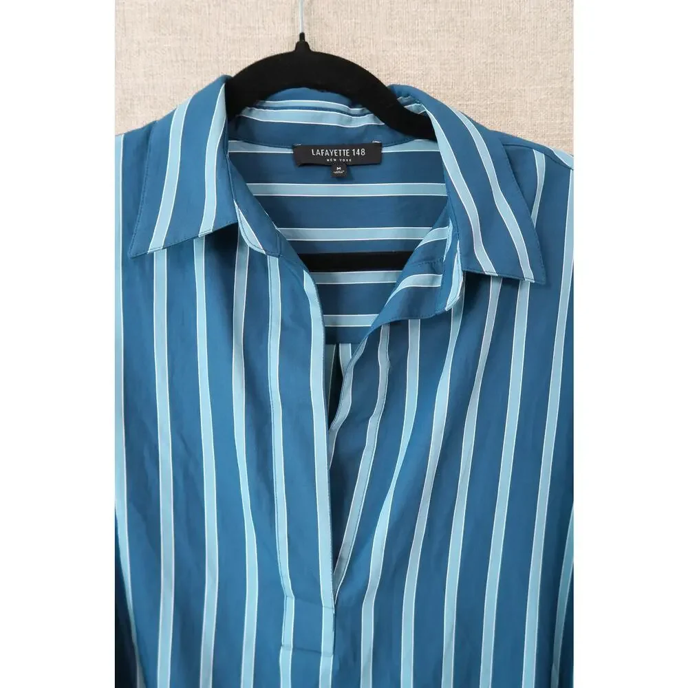 Lafayette 148 New York Teal & White Striped Popover Blouse